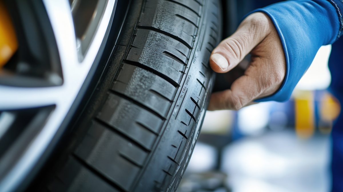 Inspecting a leased car tire for tread wear in Feasterville-Trevose